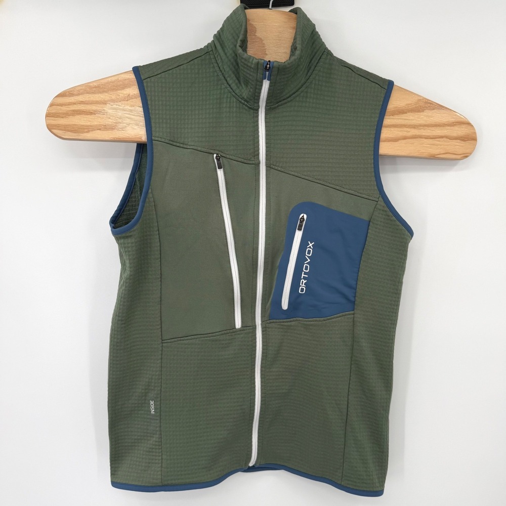 Ortovox Fleece Plus Vest Men Medium Olive Green Merino Wool Blend Full Zip Mock